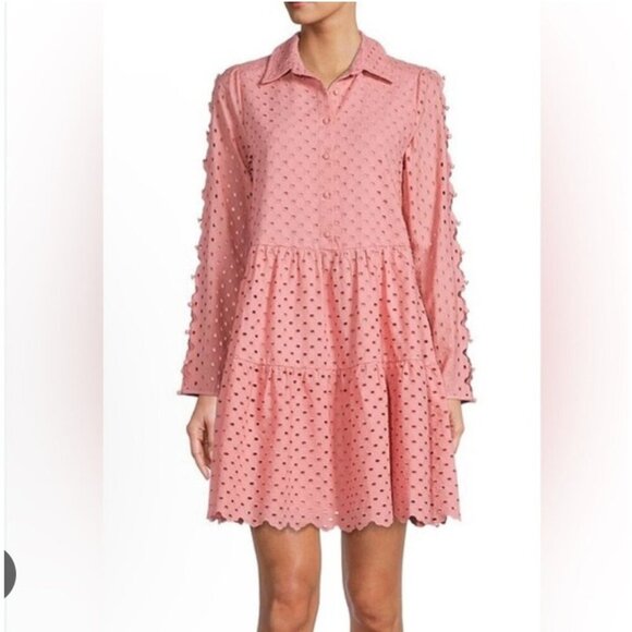 ANTONIO MELANI Dresses & Skirts - Antonio Melani Patricia Dress Womens 16 Pink Eyelet Tiered Babydoll Long Sleeve
